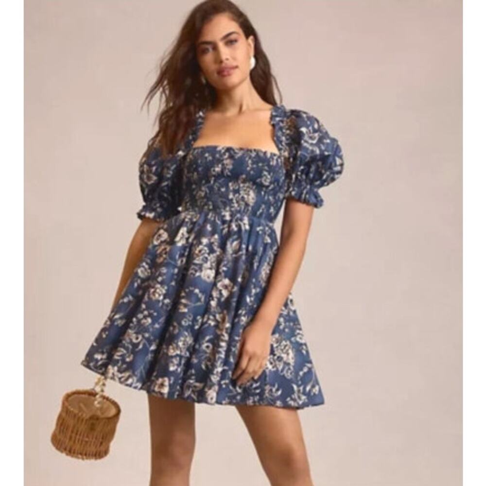 SELKIE Sz M Medium Navy Blue Floral Puff Sleeve Mini Dress Smocked